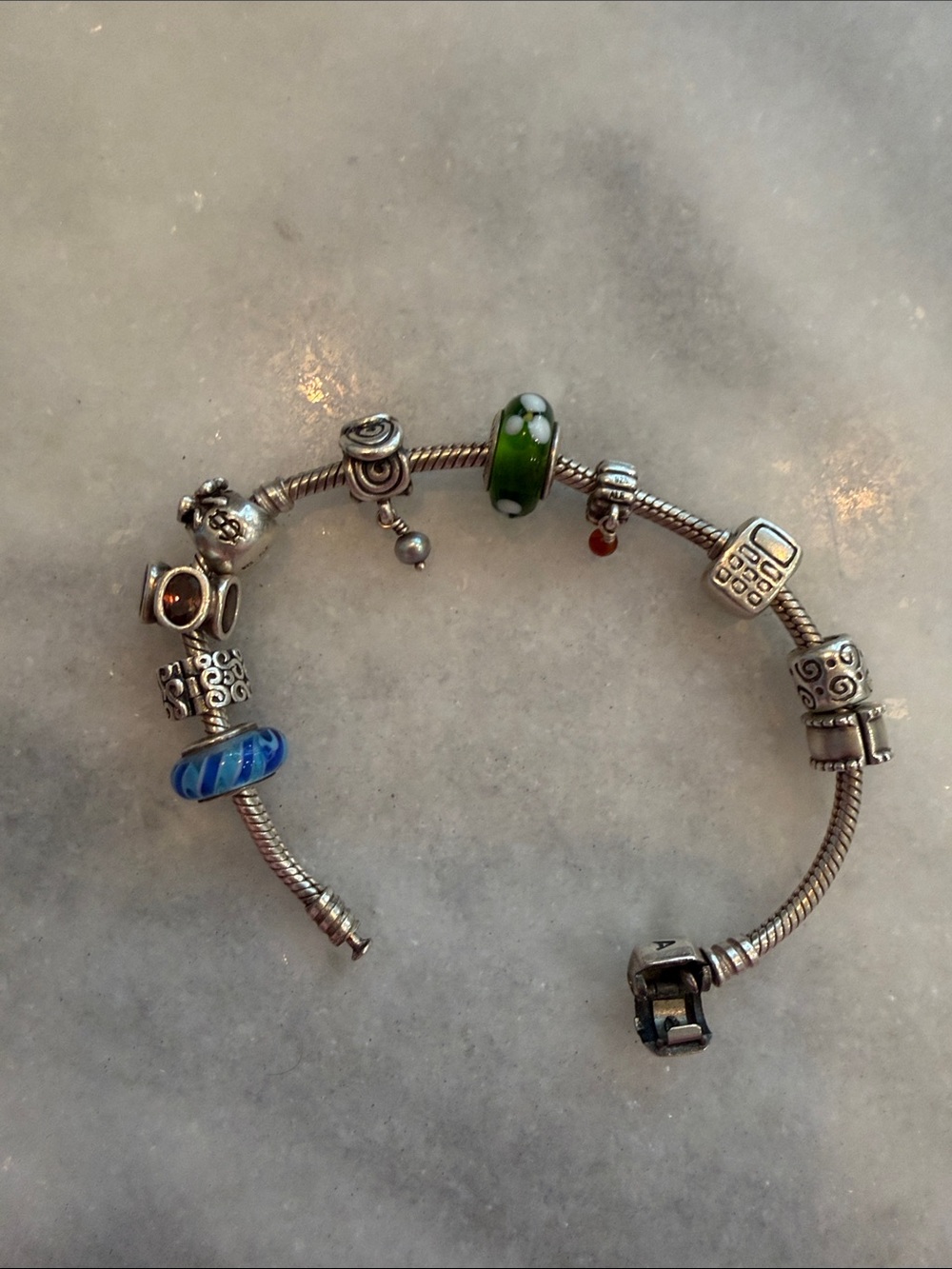Pandora Silver Bracelet with Green Floral and Blue Striped Glass Beads